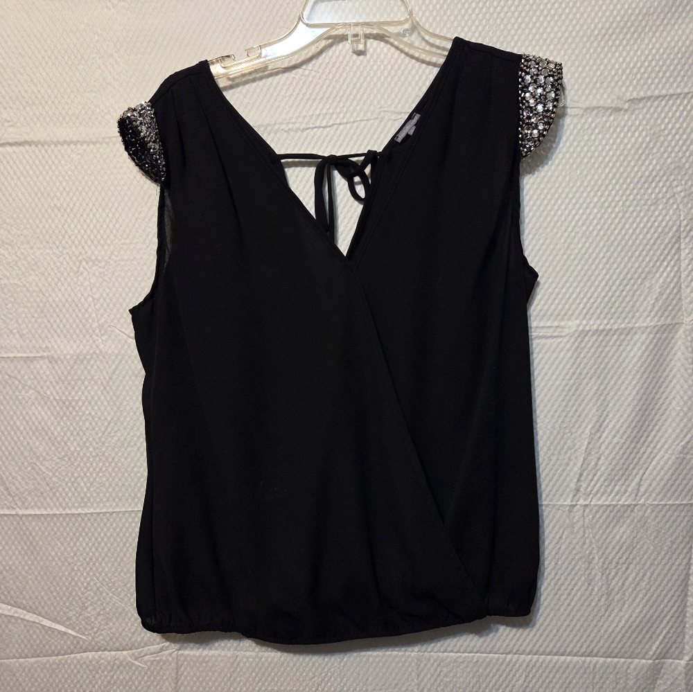 Elegant Black Women's Top with Embellished Sleeves